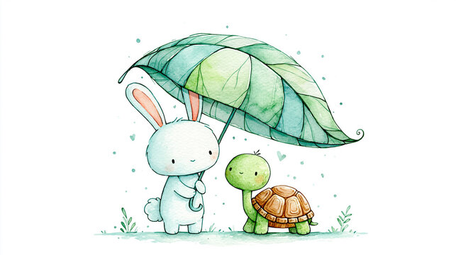 A cute bunny holds a large leaf umbrella, sheltering a small turtle in a gentle, whimsical watercolor scene.