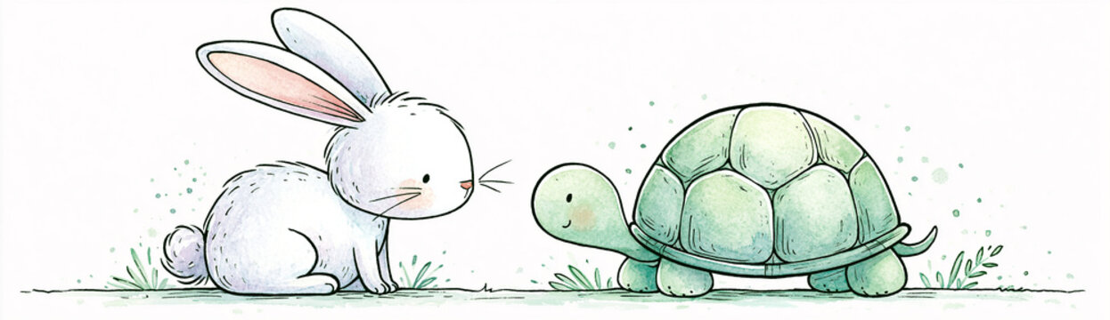A cute rabbit and turtle face each other on grass, depicted in a soft, whimsical illustration style.