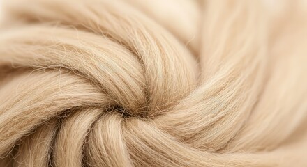 Fototapeta premium Detailed macro shot of soft natural beige wool fibers featuring a shallow depth of field for a warm, cozy, and rustic textile background, tan, thread, organic