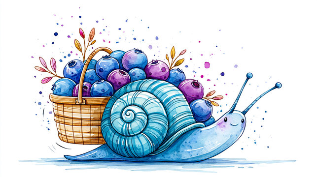 A whimsical watercolor illustration of a blue snail carrying a basket full of ripe blueberries with delicate leaves and splashes of color.