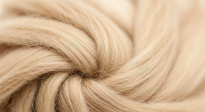 Detailed macro shot of soft natural beige wool fibers featuring a shallow depth of field for a warm, cozy, and rustic textile background, tan, thread, organic