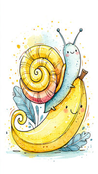 A whimsical watercolor illustration of a smiling snail with a colorful shell sitting on a cheerful banana, surrounded by leaves and playful splashes.