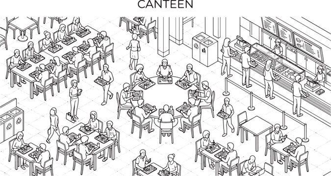 Isometric canteen interior illustration with people eating lunch at tables in a cafeteria line drawing vector