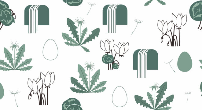 Easter themed seamless pattern with eggs and plants.