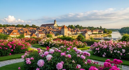 Obraz premium Scenic View of Historic Town with Flower Garden and River.