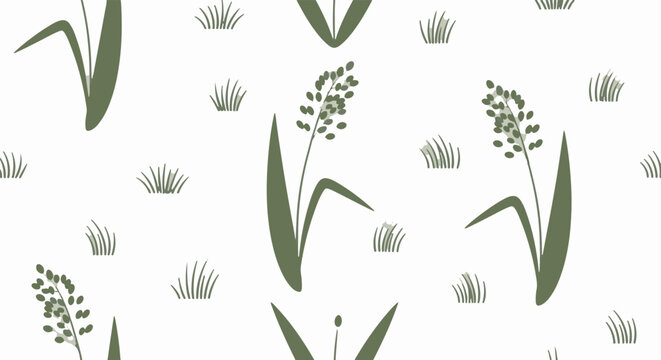 Illustrated green wild grass and seed heads pattern.