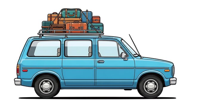 Blue Vintage Car with Luggage on Roof Rack Ready for Road Trip Adventure.