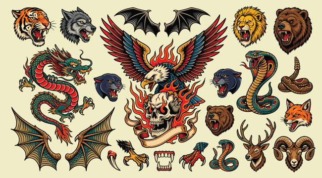 Bold traditional tattoo of a fierce eagle over a winged skull with flames and flowing ribbons.
