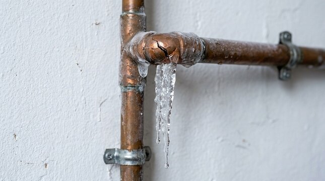 Frozen water pipe burst concept icicle forming from copper pipe joint on white wall