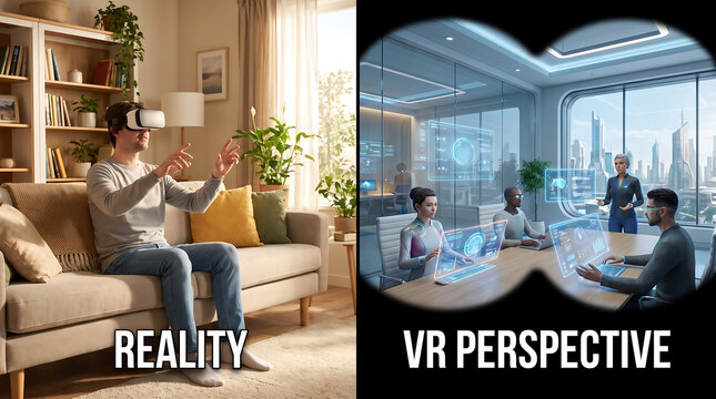 Split screen showing reality versus virtual reality perspective