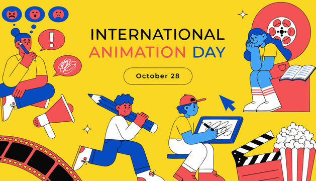 International Animation Day, animation icons, cartoon characters, yellow background