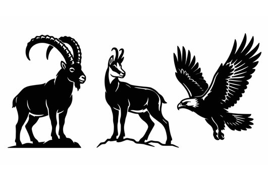 Bold Black Silhouette Vector Illustration Set of Alpine Ibex Chamois and Flying Bald Eagle Mountain Wildlife Animals