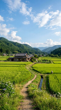 Peaceful Japanese countryside with rice fields for summer travel background