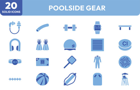 Poolside Wellness Equipment icon set. Containing earphones, dumbbell, snorkel gear, wristwatch, pool noodle, lounge chair, beach ball, rescue buoy. Editable stroke. Vector illustration.