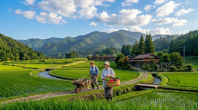 Peaceful Japanese countryside with rice fields for summer travel background