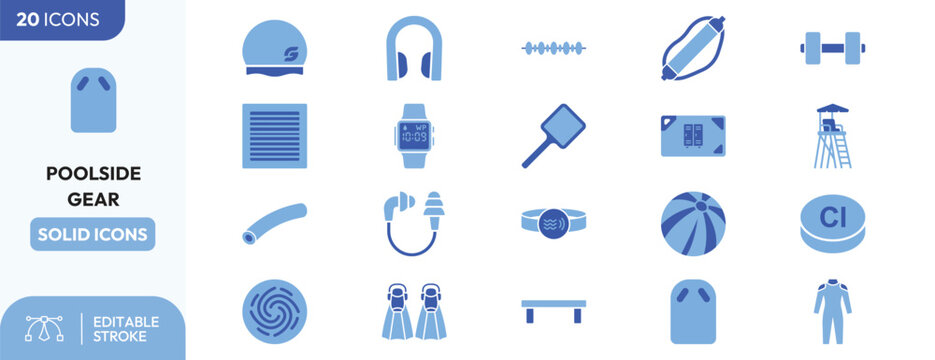 Swim and Fitness Accessories icon set. Containing headphones, dumbbell, pool noodle, wristwatch, snorkel gear, beach ball, life preserver, rescue ladder, lounge. Editable stroke. Vector illustration.