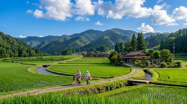 Peaceful Japanese countryside with rice fields for summer travel background