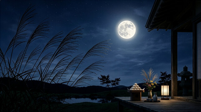 Traditional Japanese full moon and pampas grass for Otsukimi festival background