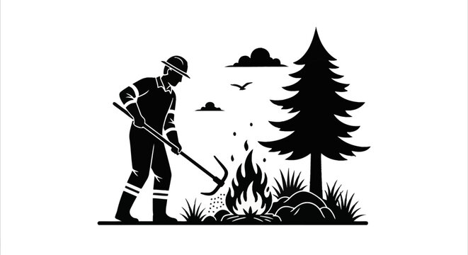 Black and white vector illustration of a wildland firefighter using a Pulaski tool to manage a fire line near a pine tree for wildfire prevention and forest safety.