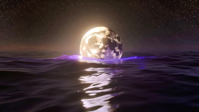 Captivating glowing celestial orb reflected on nighttime ocean horizon with a dark starry sky above and purple ripples on water. Suitable for fantasy landscapes.