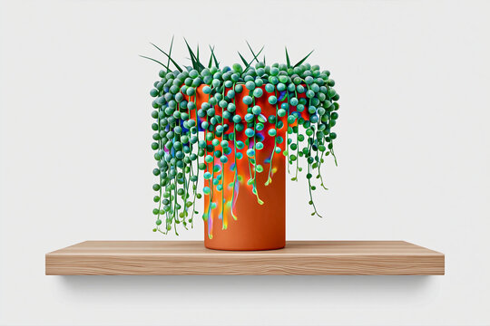 String of Pearls Plant in Terracotta Pot on Wooden Shelf