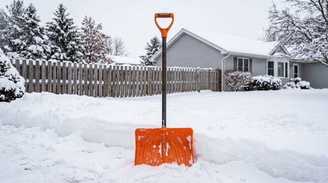 Snow shovel in bright orange plastic stabbed upright into deep snow drift in suburban yard
