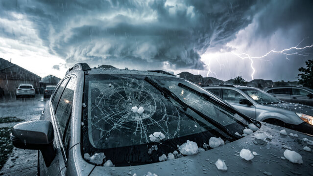 giant jagged hailstones creating shattered glass web patterns on vehicle windshields during a severe supercell thunderstorm in a dramatic cinematic style weather event