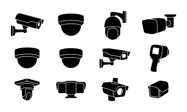 Security Camera Icons Set, Surveillance Equipment Vector Graphics, CCTV System Silhouettes for Monitoring and Protection