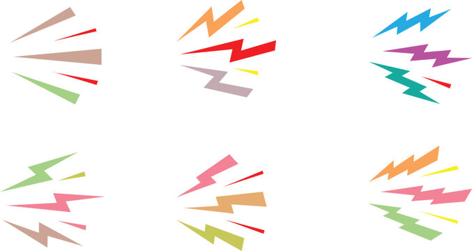  Energetic comic electric flashes for action, power, speed, and danger effects. Thunderbolt shock cartoon icons.  colorful lightning burst, shouting, noise and loud sound symbols.