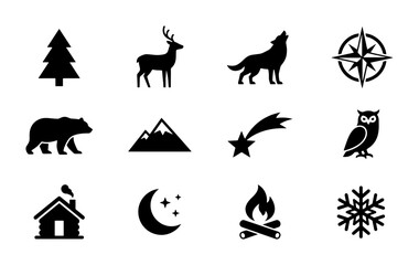 Fototapeta premium Nature and Wildlife Icons Set: Forest Animals, Mountains, Celestial Elements, and Rustic Symbols for Outdoor Adventures and Wilderness Themes