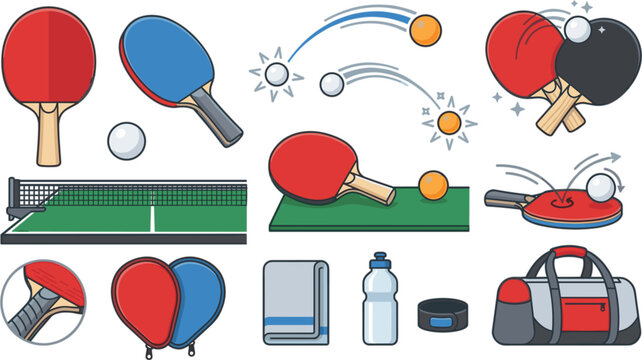 Table tennis equipment collection featuring paddles, balls, net, sports bag, towel, bottle, and accessories in flat vector illustration