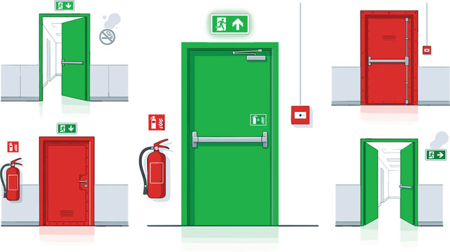 Emergency exit and fire safety door collection featuring evacuation signs, fire extinguisher, alarm, and secure building vector illustration