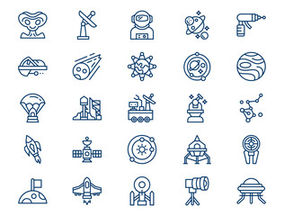 Cosmic space exploration outline icon set presents detailed astronomy galaxy elements. Universe concept © azman