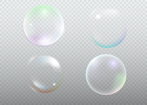 Set of realistic colorful soap bubbles. Transparent realistic soap bubbles isolated on transparent background.