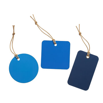 Blue circular tag with gift tags hanging on gold string isolated on transparent background