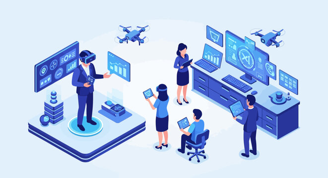 People using virtual reality technology and drones in a modern office setting.