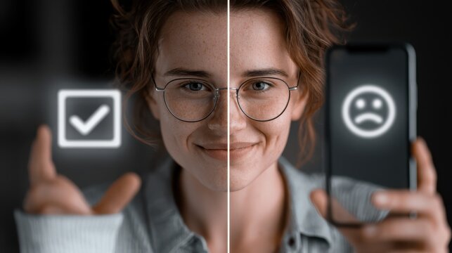 A woman with glasses smiles as she holds a checkmark icon on one side and a phone displaying a sad face on the other, symbolizing positive and negative emotions.
