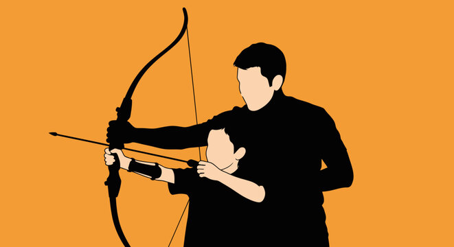 Silhouette of archer aiming with bow and arrow.