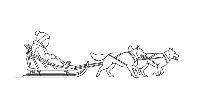 Child riding sled pulled by dogs in winter scene.