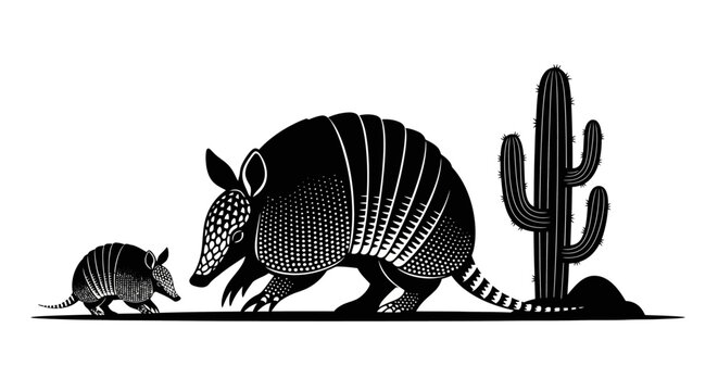 Armored armadillo and baby in desert scene.