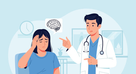 Fototapeta premium Doctor consulting patient with headache and brain icon