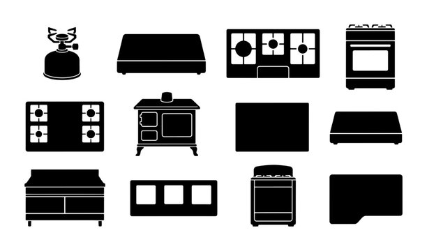 Kitchen Appliance Icons: Stove, Oven, Cooktop, Range Vector Set, Cooking Equipment Silhouettes for Culinary Design