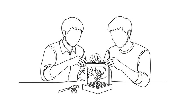 Two people assembling a mechanical puzzle together.