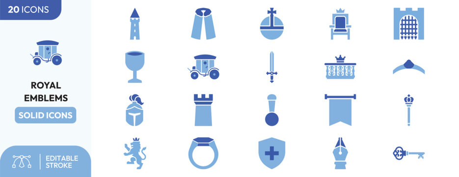 Noble Badges icon set. Containing castle tower, royal crown, lion crest, sword hilt, royal carriage, shield crest, royal banner, coat of arms, royal helmet. Editable stroke. Vector illustration.