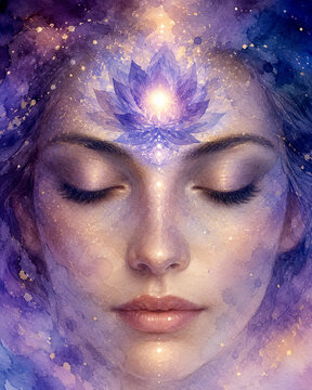 Third Eye Lotus Watercolor Portrait With Indigo Cosmic Light