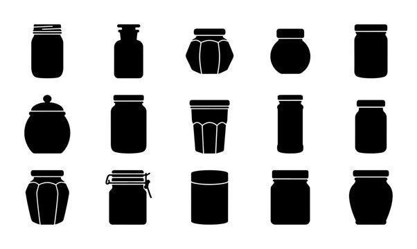 Set of 15 Black Silhouette Glass Jars and Containers, Vector Icons for Food Preservation, Canning, Storage, and Kitchen Design Elements