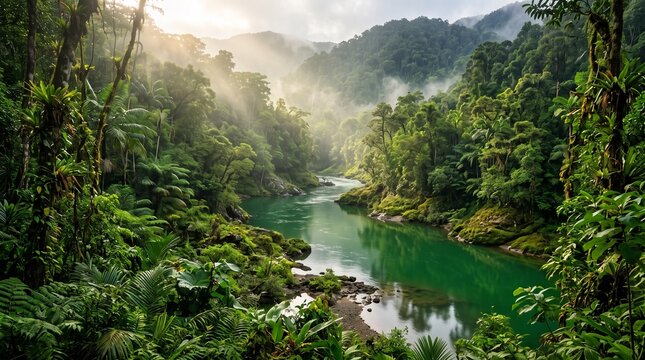 A scenic view of a tranquil river flowing through a lush green tropical rainforest with mist and soft morning sunlight rays