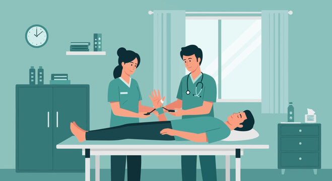 Medical examination: doctor and nurse check patient reflexes in clinic