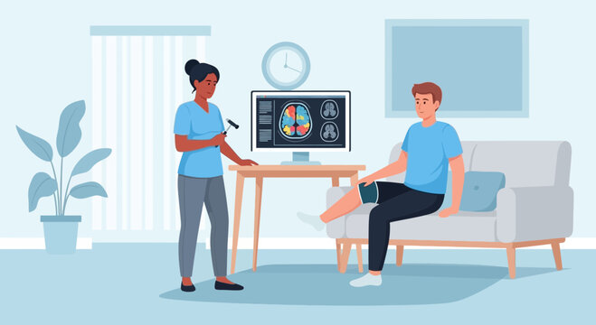 Neurologist examining patient's reflexes with hammer and brain scan on monitor