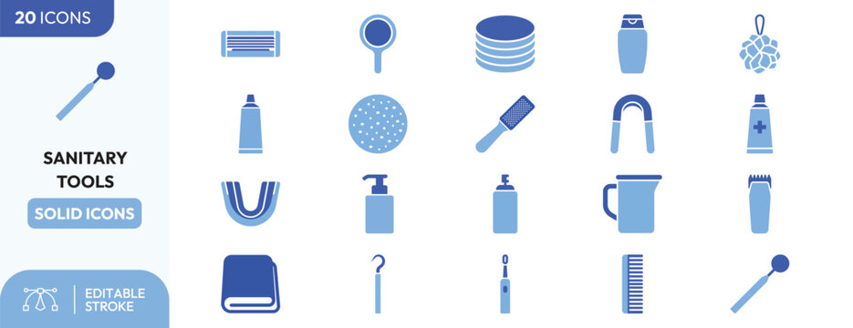 Bathroom Hygiene Tools icon set. Containing toothpaste tube, soap bottle, shampoo bottle, bidet sprayer, dental floss, nasal spray, ear cleaning tool. Editable stroke. Vector illustration.